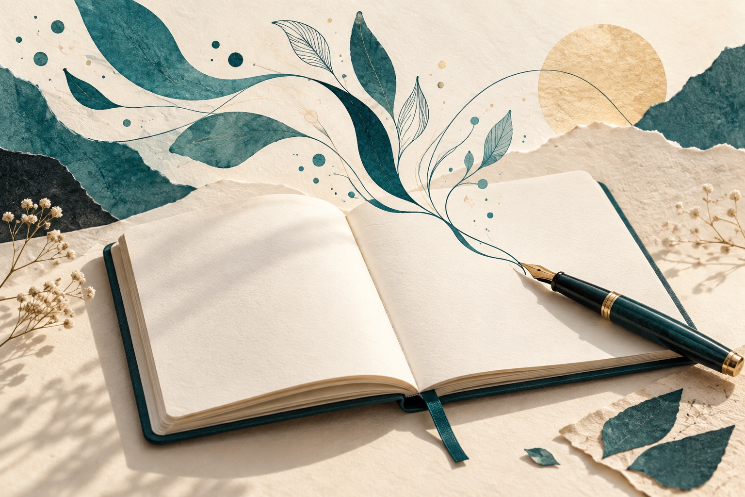 Caderno aberto e caneta; traços em verde-azulado se transformam em folhas.